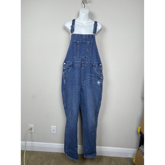 Old Navy Denim Bib Overalls Women's 16 Tall Blue Jean Distressed Gardening - Picture 1 of 6